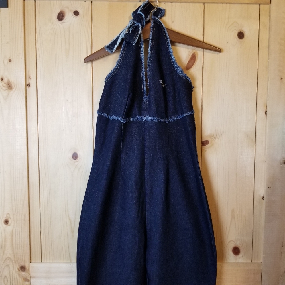 Fubu The Collection 90s Frayed Hem Stretch Wide Leg Denim Halter Jumpsuit